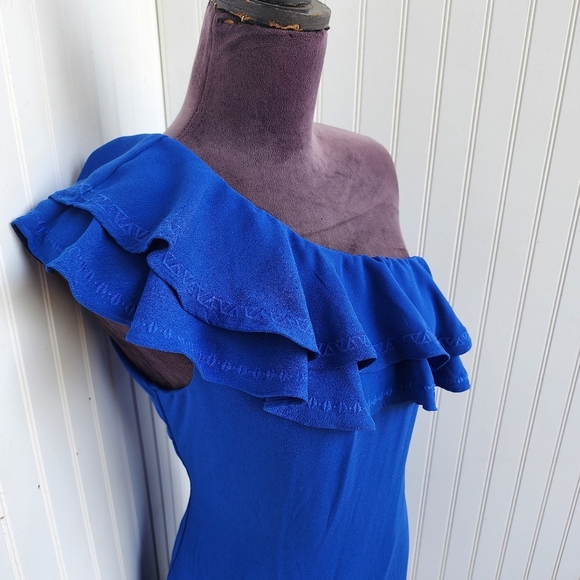 APT. 9 Women's One Shoulder Embroidered Ruffle Dress Blue Lined $54 Royal Sz M - Picture 8 of 11